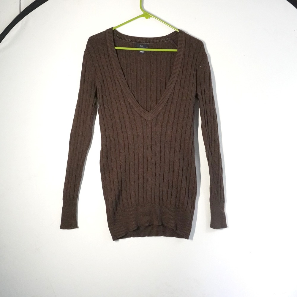 VTG Y2K GAP XS Chocolate Brown Cable Knit Long Sleeve V Neck Sweater Tunic Top